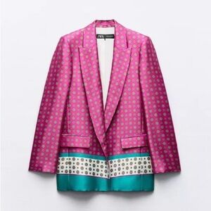 Zara Pink Patterned Blazer with Teal Border